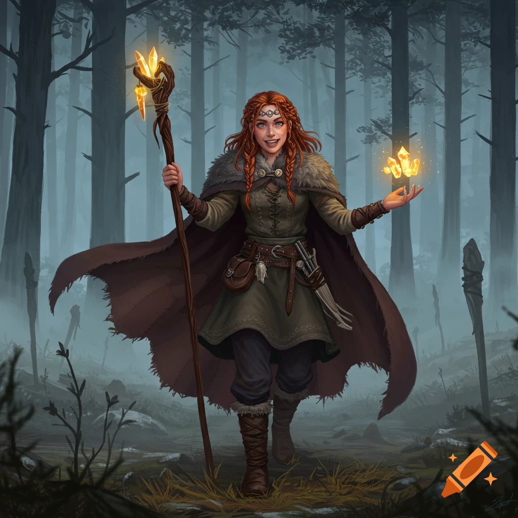 A young witch holds a staff and glowing crystals while walking through a misty forest.