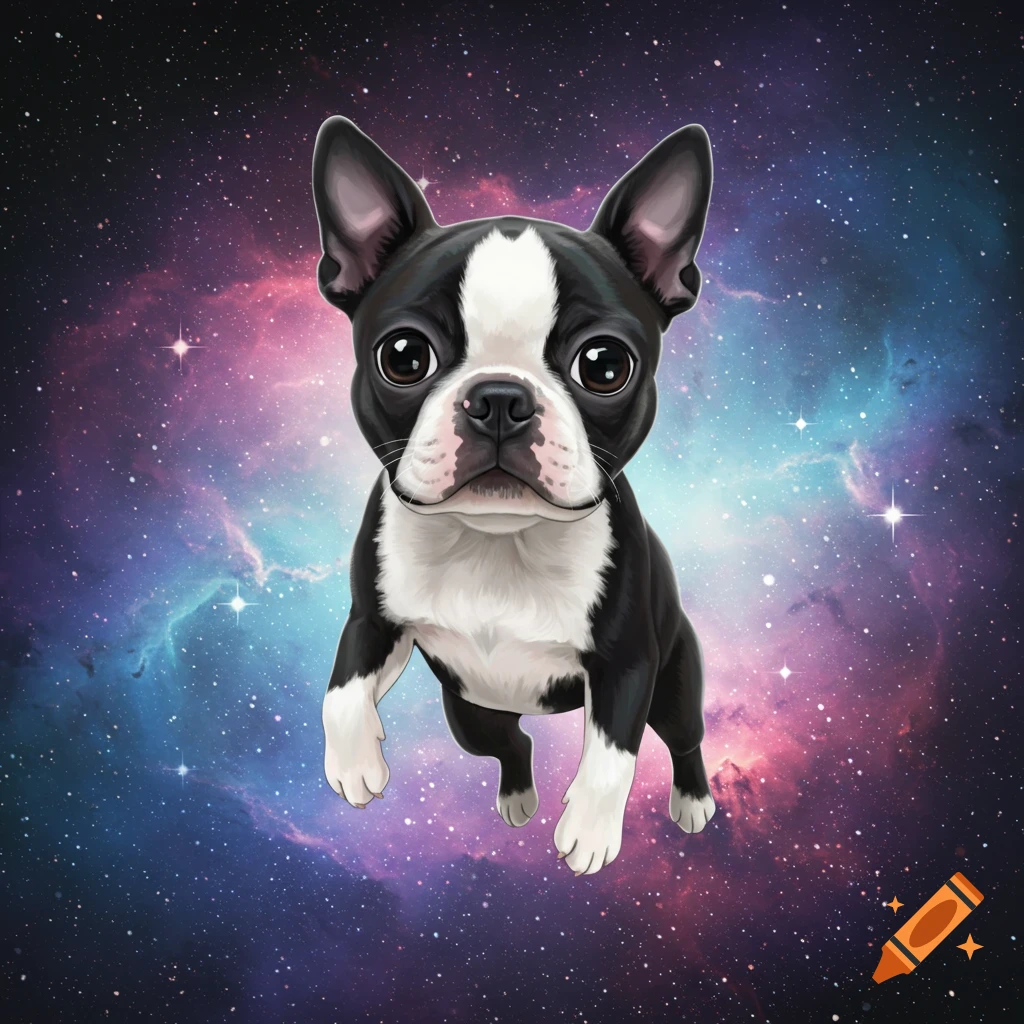 A cute Boston Terrier floating in space.