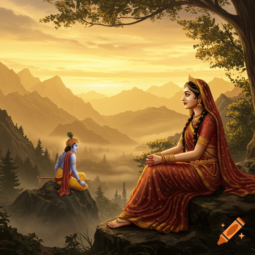 Two figures, possibly Radha and Krishna, sitting on rocks in a misty mountain landscape at sunset.