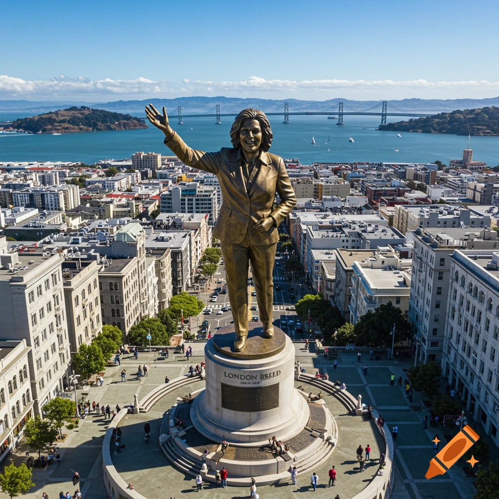 Giant statue of London Breed in a San Francisco city square overlooking the bay and bridge