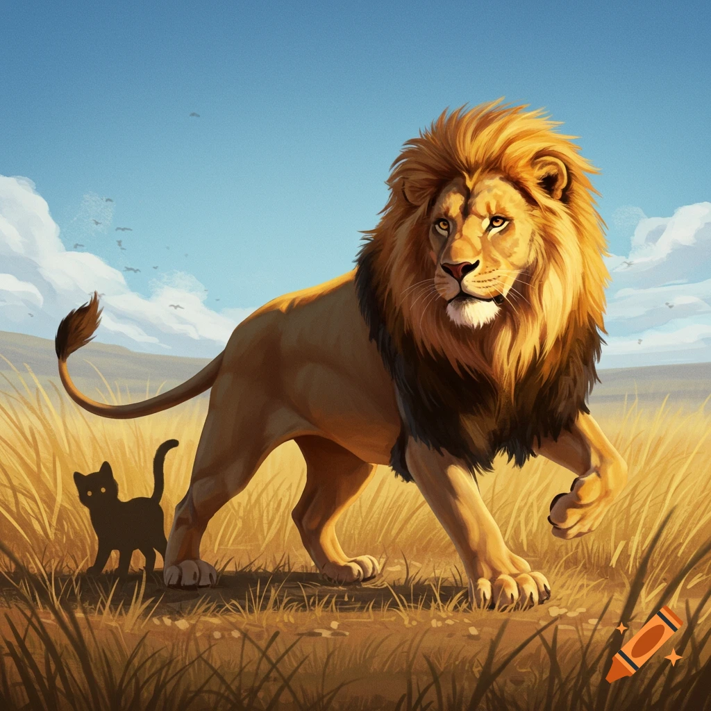 A lion walks through grass, casting the shadow of a kitten.
