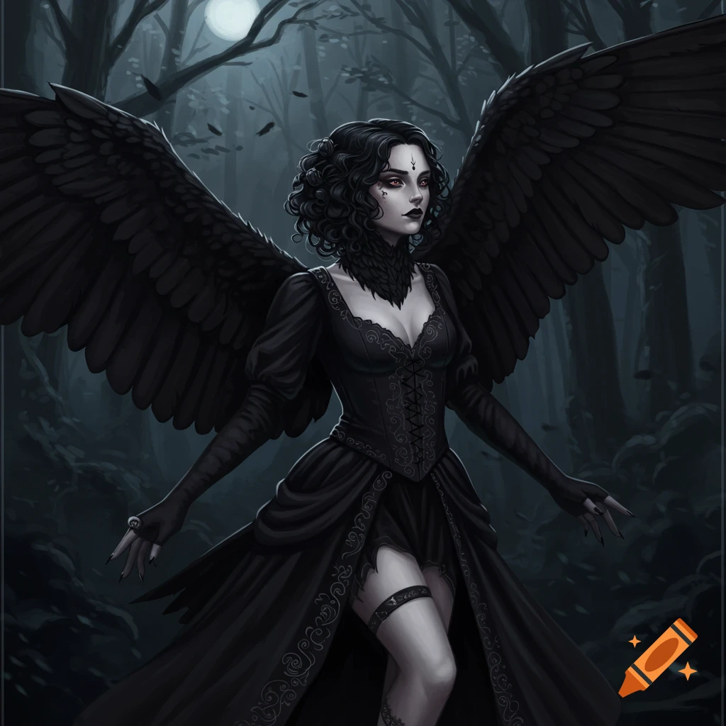 A woman with black wings stands in a dark forest.