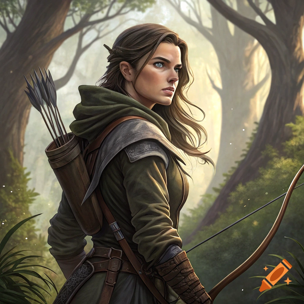 An illustrative portrait of a woman archer in a sunlit forest