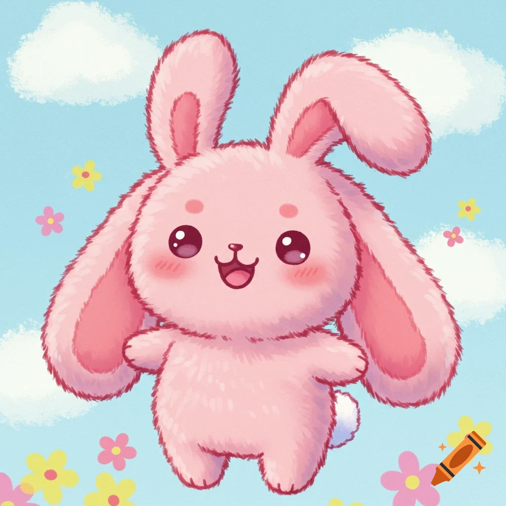 A fluffy pink cartoon bunny with large ears and big eyes flies in a blue sky with clouds and flowers.