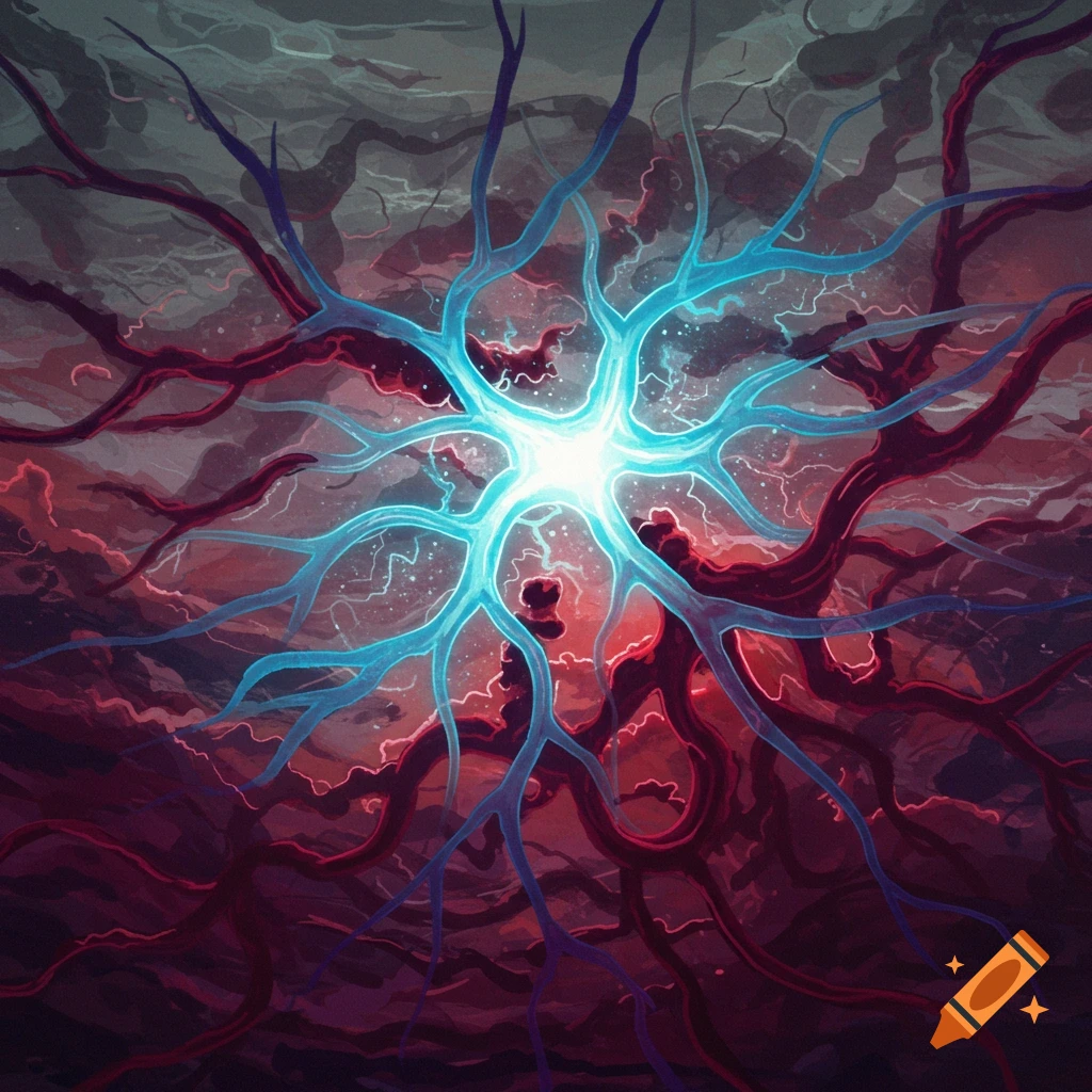 A vibrant blue star-like structure with branching tendrils surrounded by twisting red-brown tendrils in a dark environment.