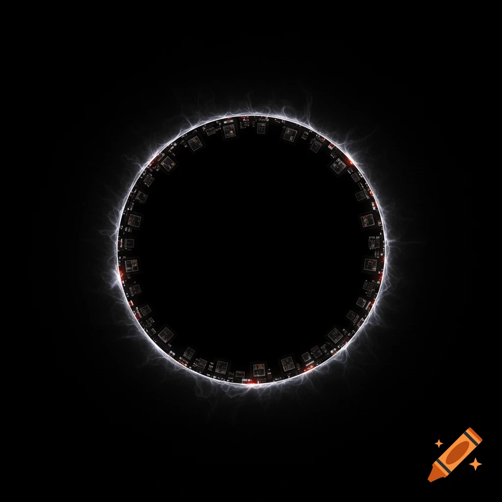 A solar eclipse resembling a circuit board portal.