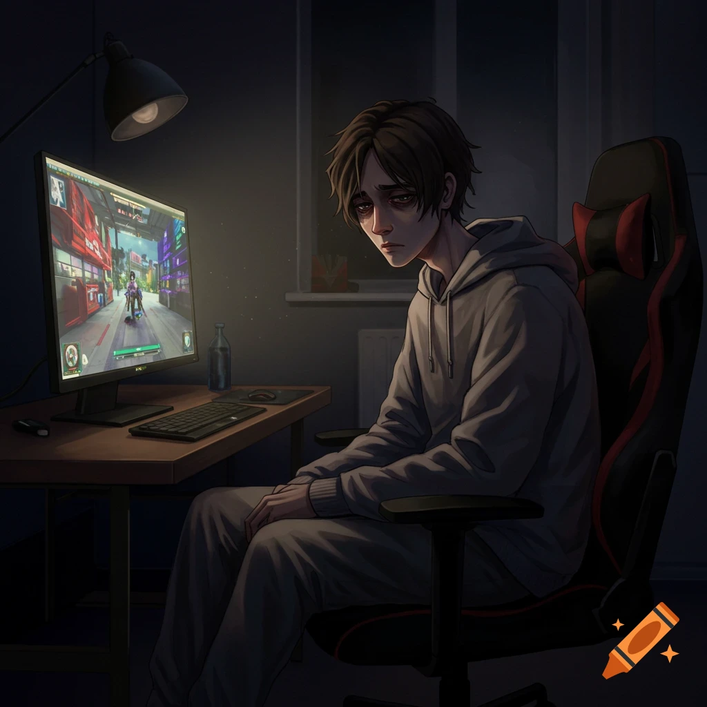 A sad young person is sitting in a gaming chair in a dark room, looking at a computer screen.