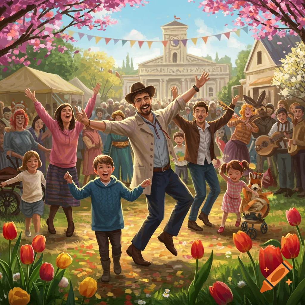 A lively spring festival with people dancing and children among flowers.