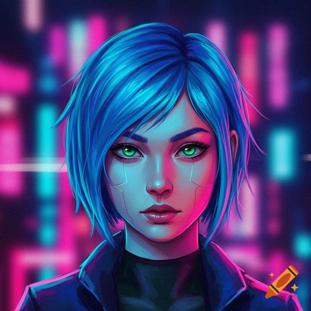 A woman with blue hair and green eyes, featuring cybernetic details, against a neon city background.