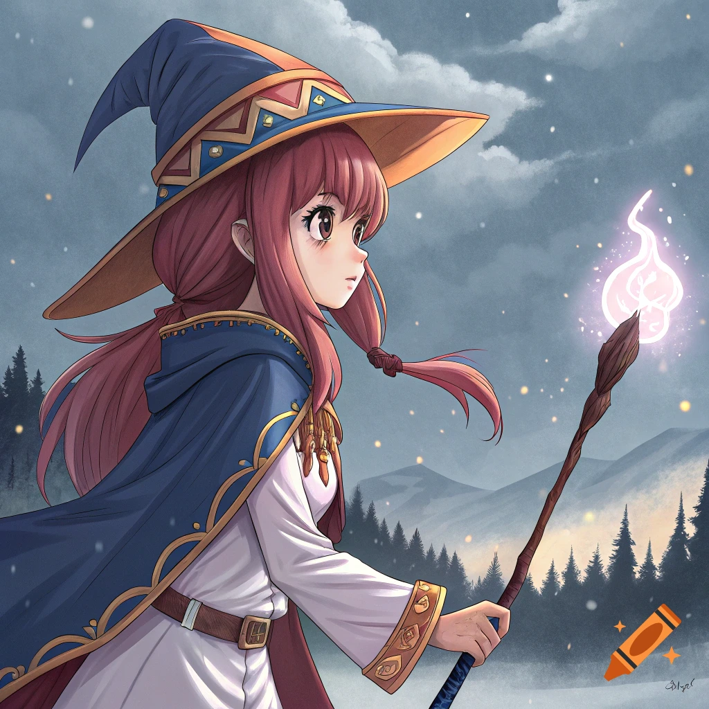 An anime-style young woman in a witch hat and cloak holds a glowing staff in a snowy mountain landscape.