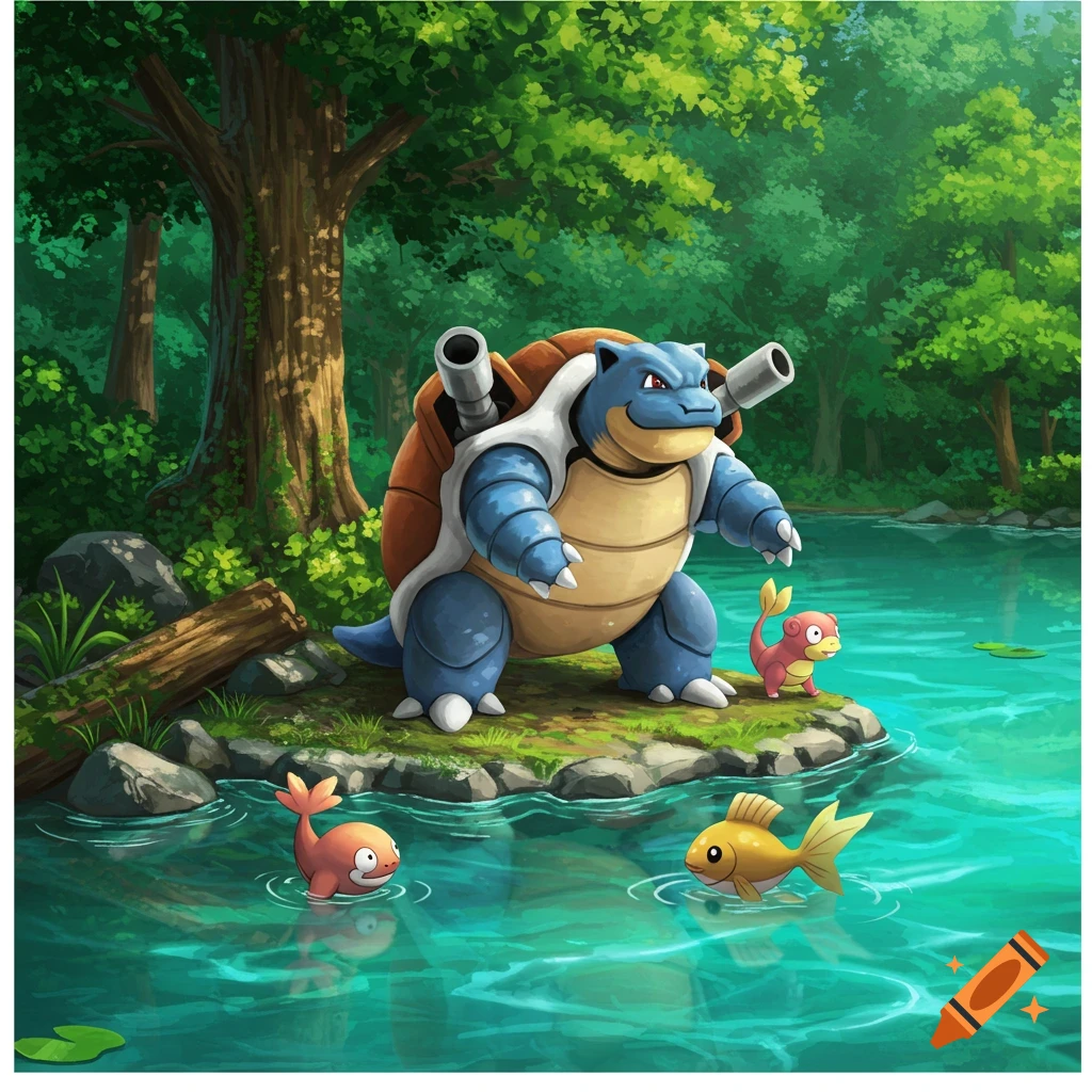 Blastoise, Slowpoke, and fish in a forest lake.