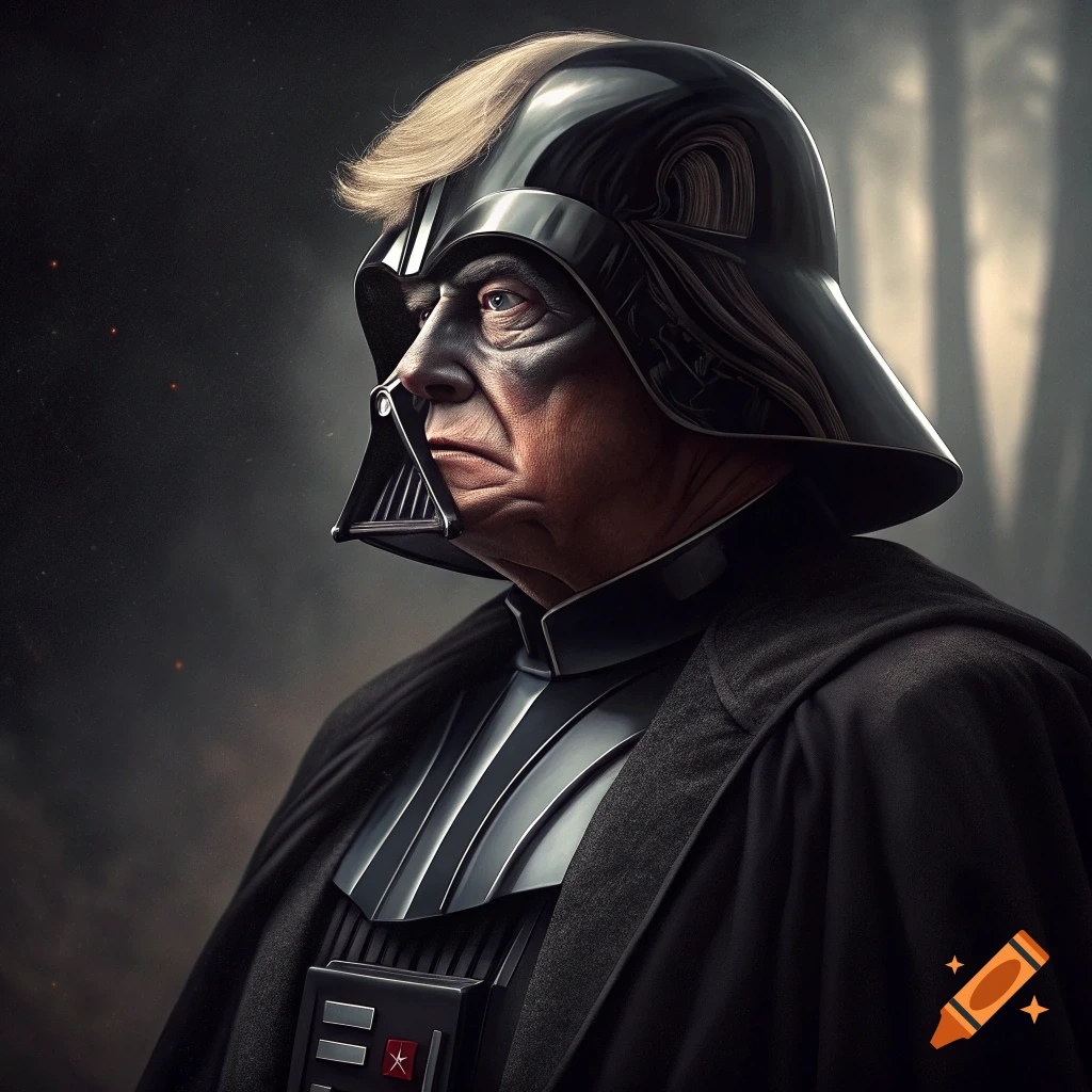 Portrait of Donald Trump wearing a Darth Vader helmet and costume.