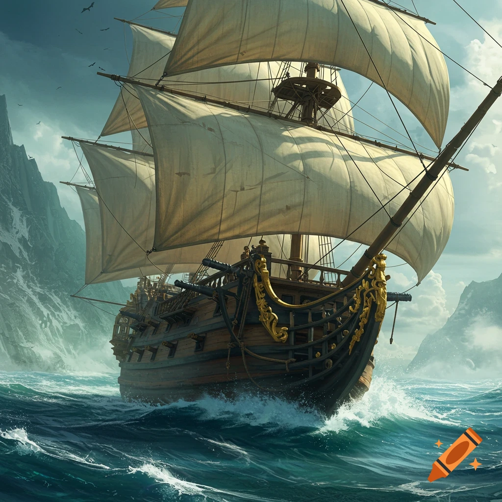 A majestic galleon ship sailing on a stormy sea near mountains.