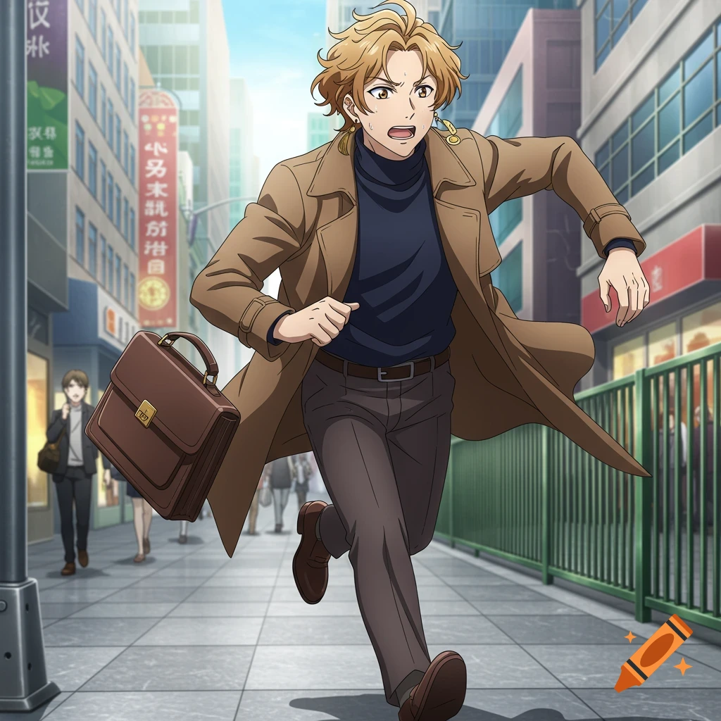 Anime style image of a young man in a trench coat running frantically down a city street.
