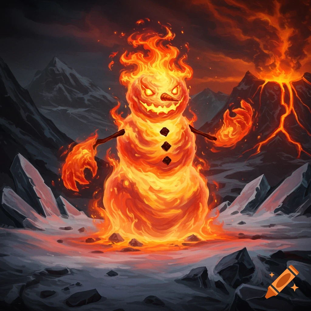 A fire elemental snowman in a volcanic landscape.