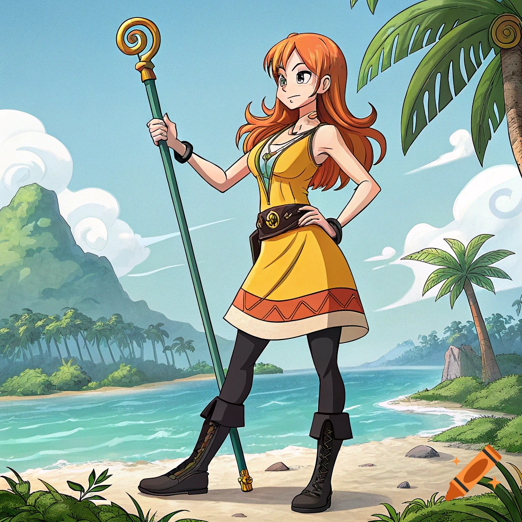 An anime-style drawing of a woman with orange hair holding a staff on a tropical beach.