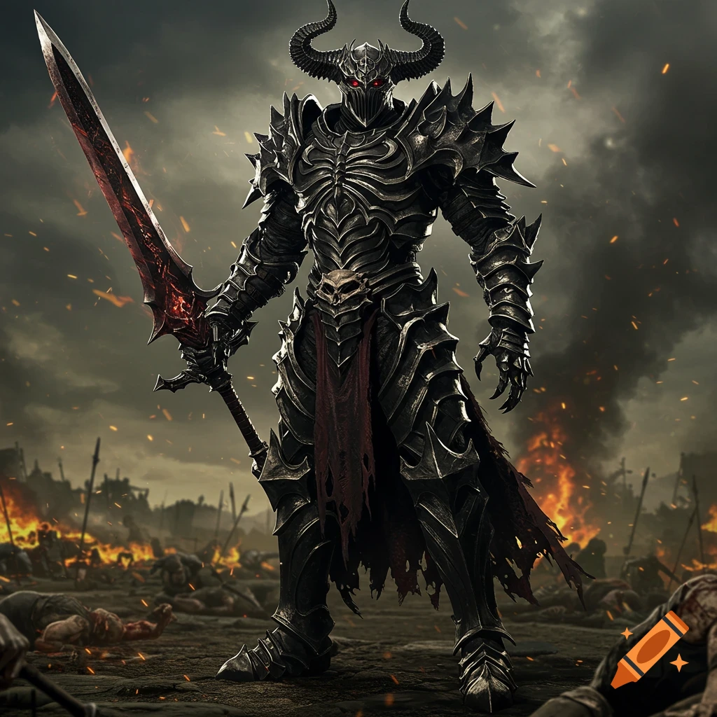 Dark fantasy warrior in black armor with a large sword standing on a battlefield.