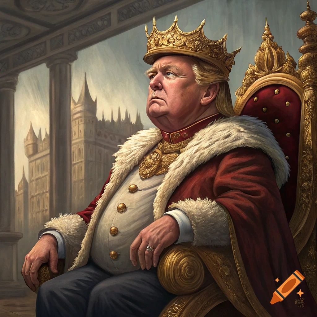 Caricature of Donald Trump sitting on a golden throne, wearing a crown and red royal robes with fur trim.