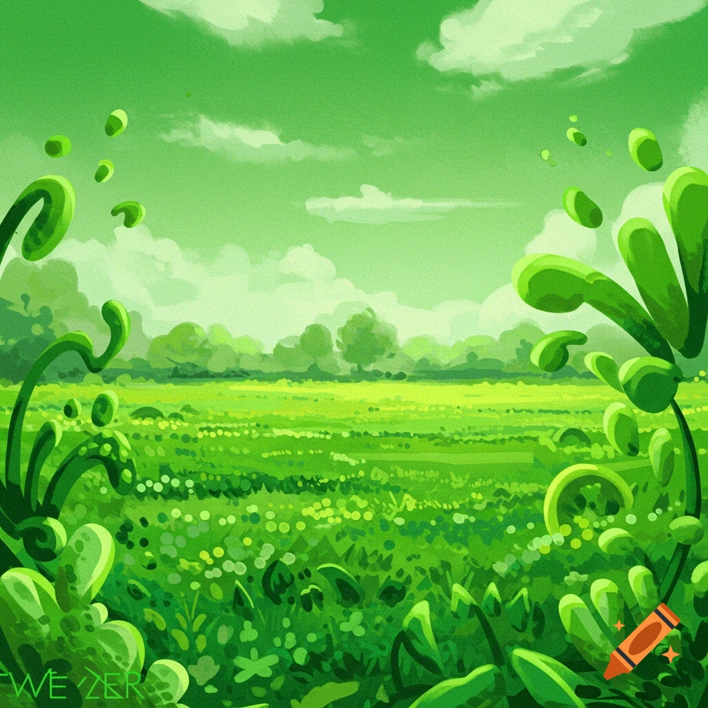 A vibrant green scene of a grassy field with foreground foliage, trees in the distance, and a cloudy sky.