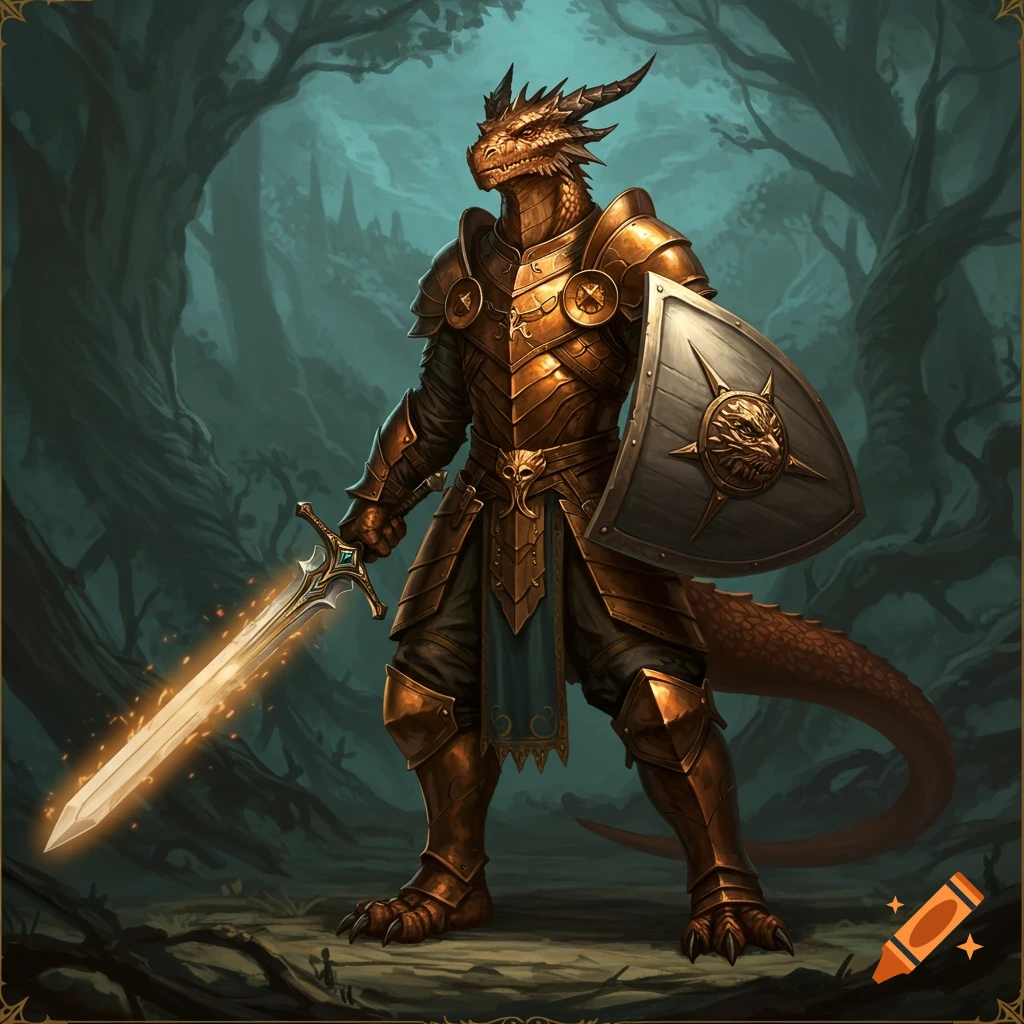 A bronze Dragonborn in golden armor holds a glowing sword and shield in a dark forest.