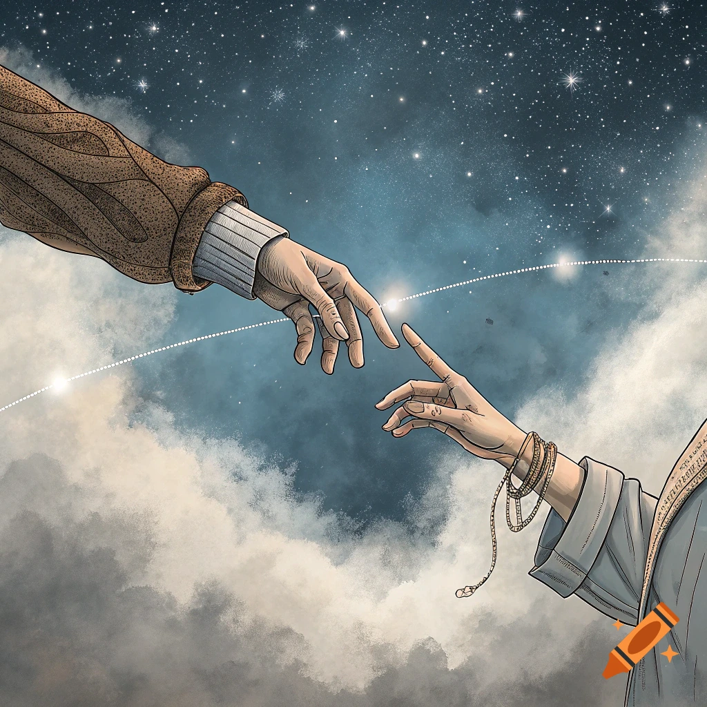 Illustration of two hands reaching towards each other under a starry sky with clouds.