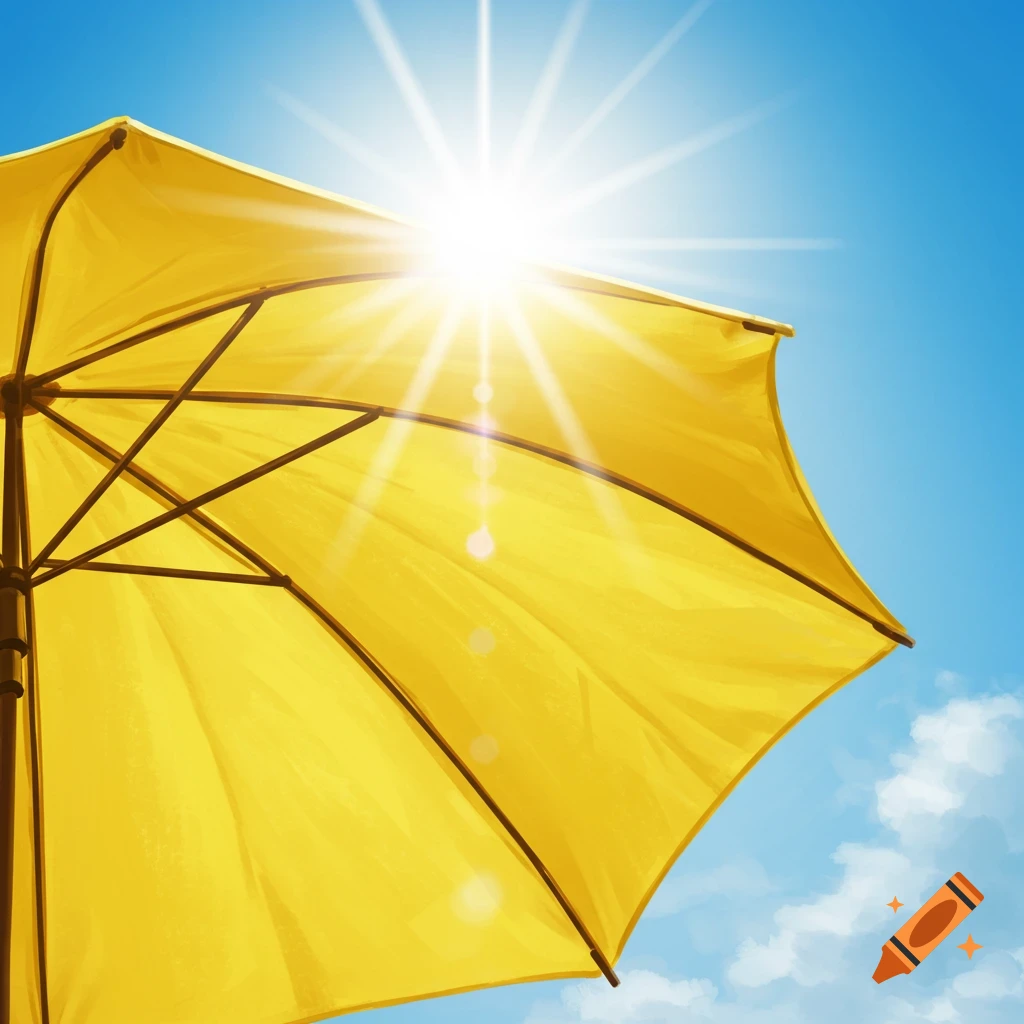 A yellow umbrella seen from below against a bright sun and blue sky with clouds