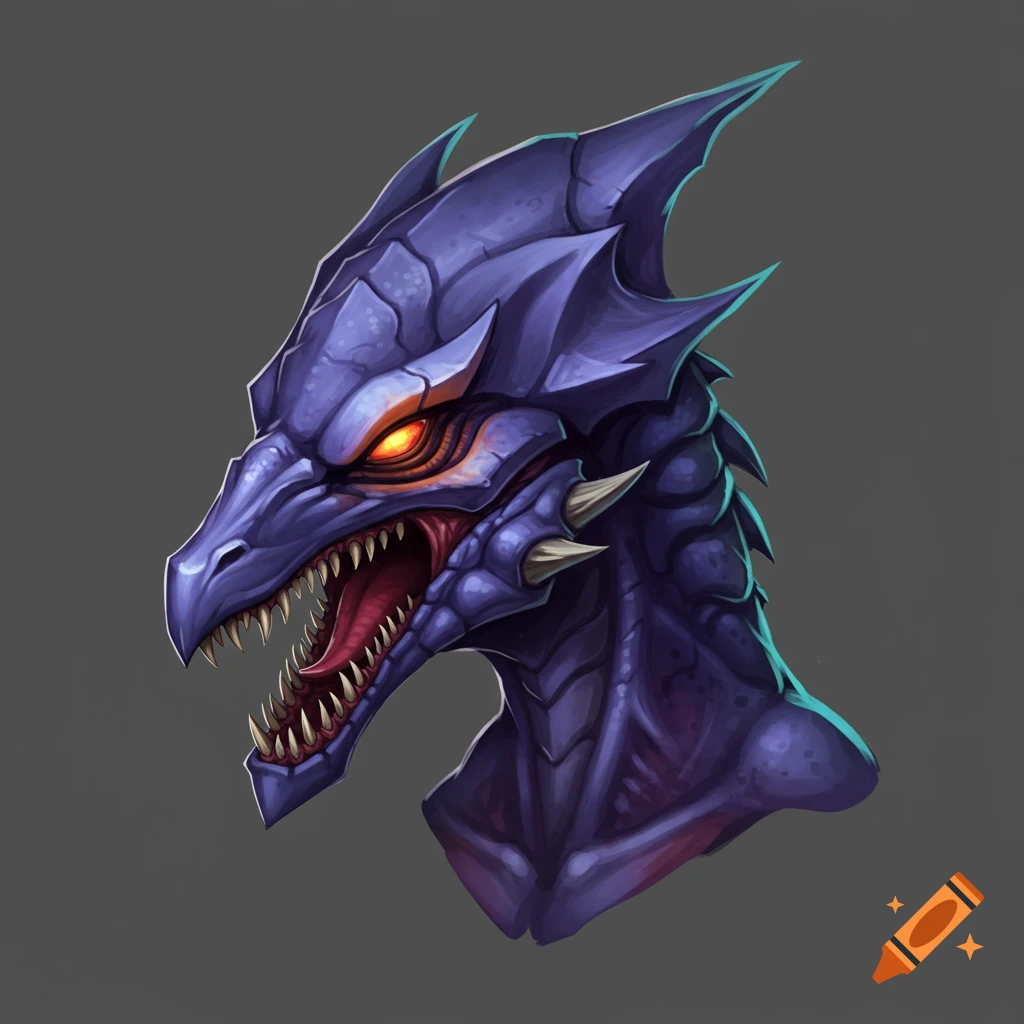 A purple dragon head with glowing orange eyes.