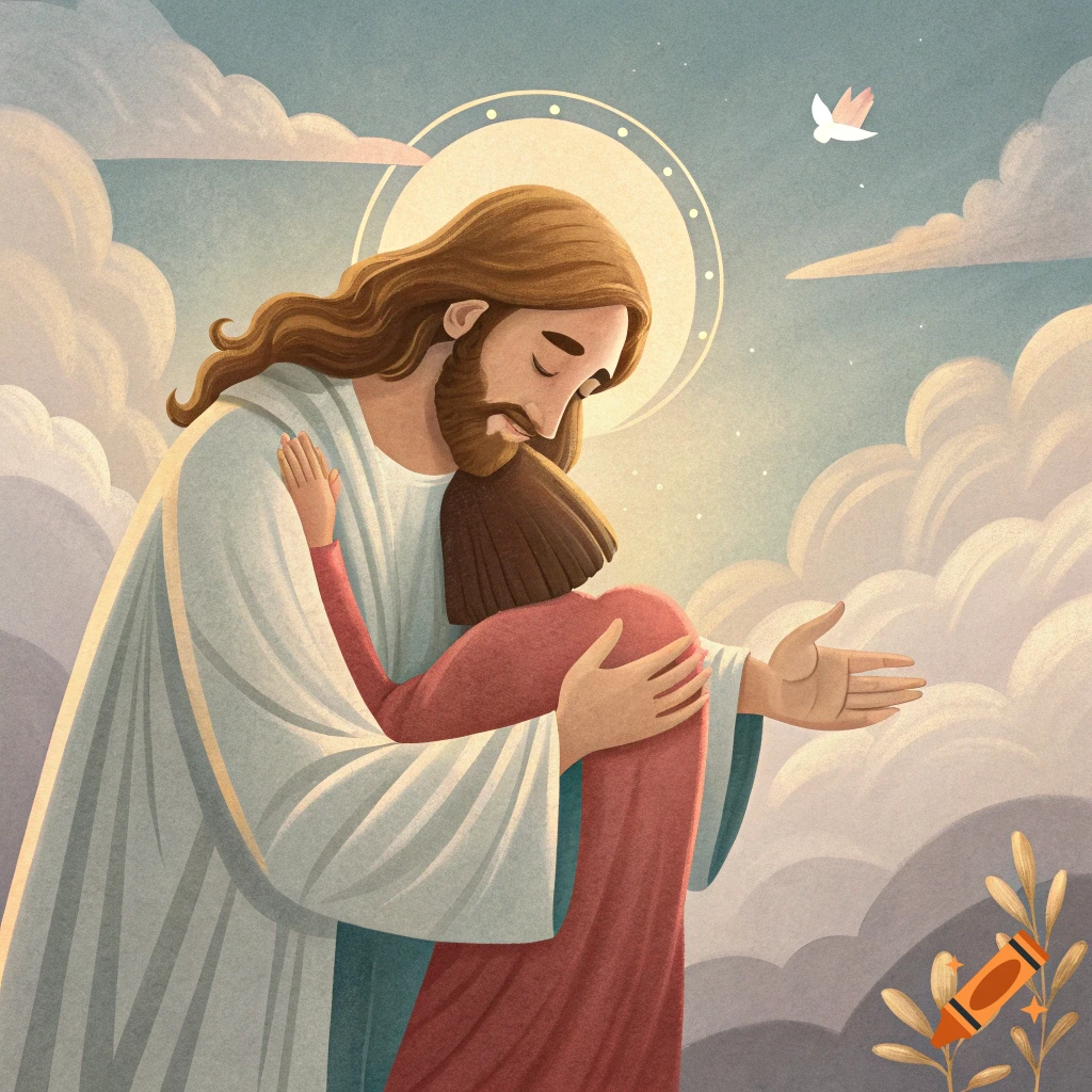 Illustration of Jesus hugging a person under a bright halo with clouds and a dove in a soft, painterly style.