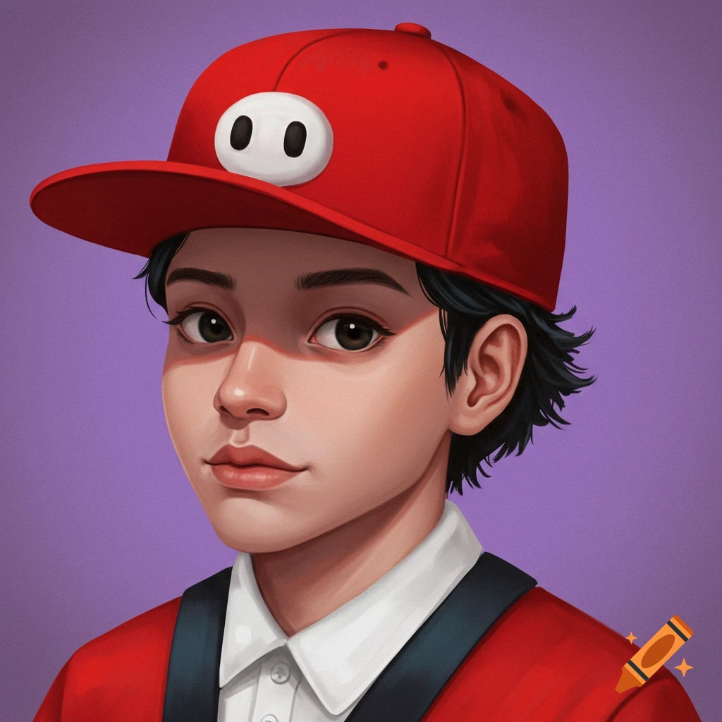 A portrait of a person wearing a red cap with a pig face logo, white shirt, and red jacket.