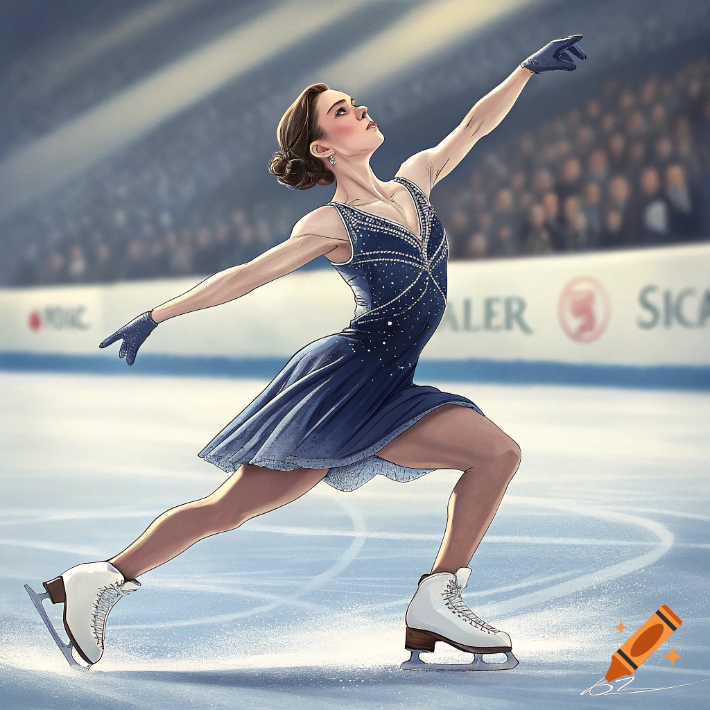 Illustrative painting of a female figure skater in a blue dress on ice
