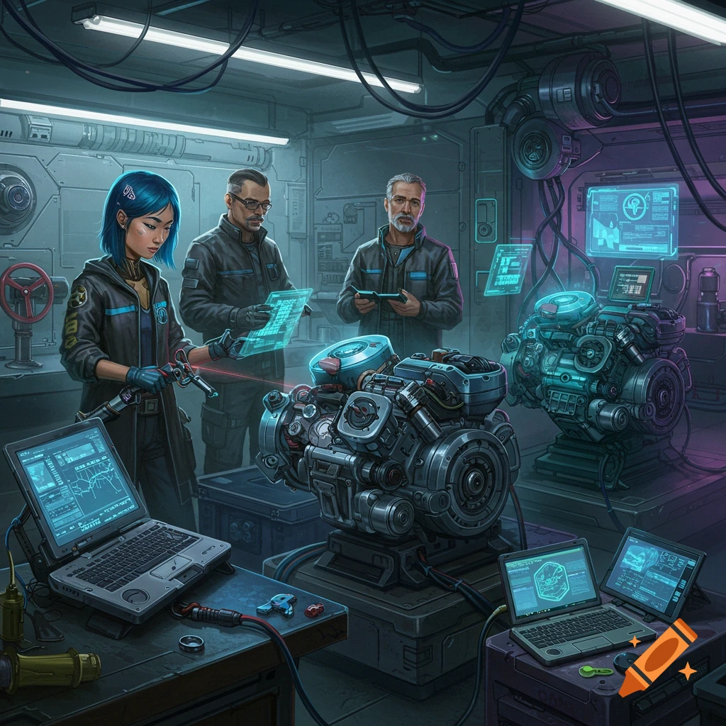 People working on futuristic engines in a workshop