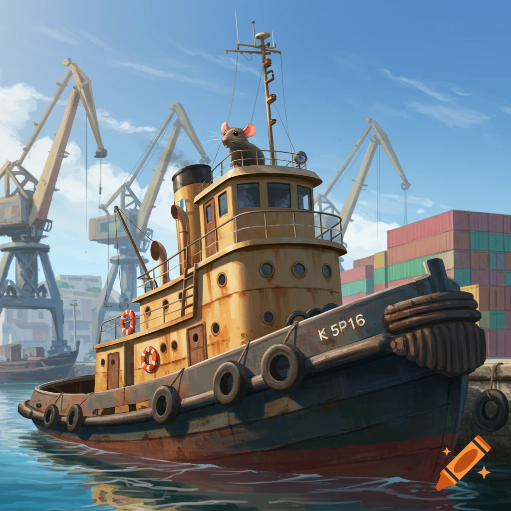 A cartoon rat stands on a tugboat in a harbor.
