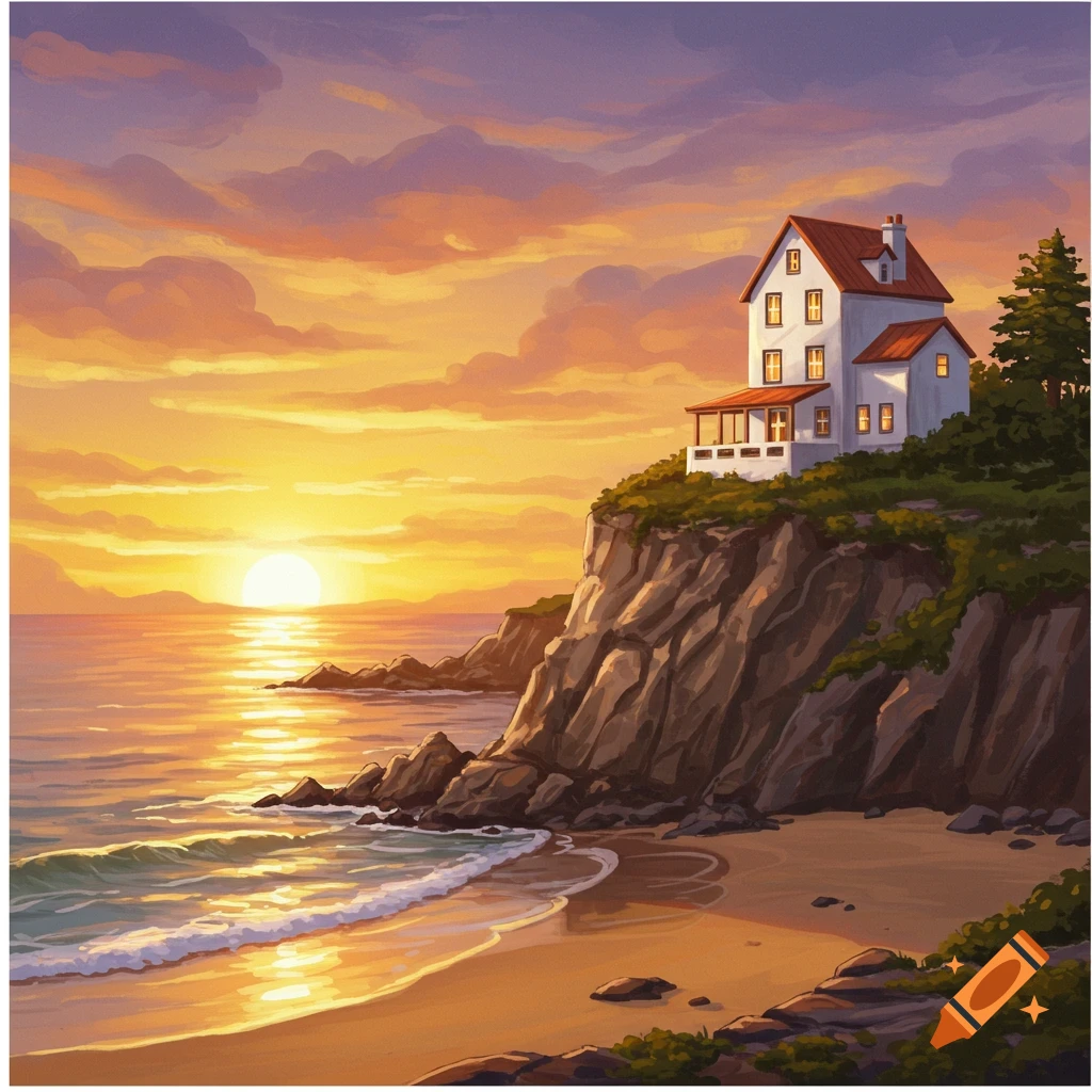 A white house sits on a cliff overlooking a beach during sunset.