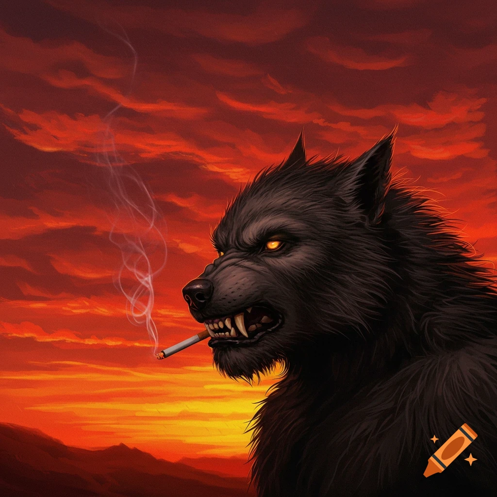 A werewolf smoking a cigarette against a dramatic red and orange sky.