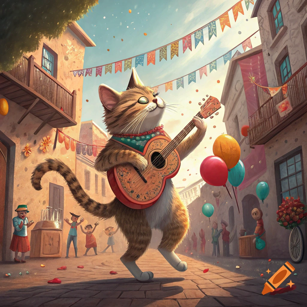 A cartoon cat plays a guitar in a lively street scene with people, balloons, and festive banners.