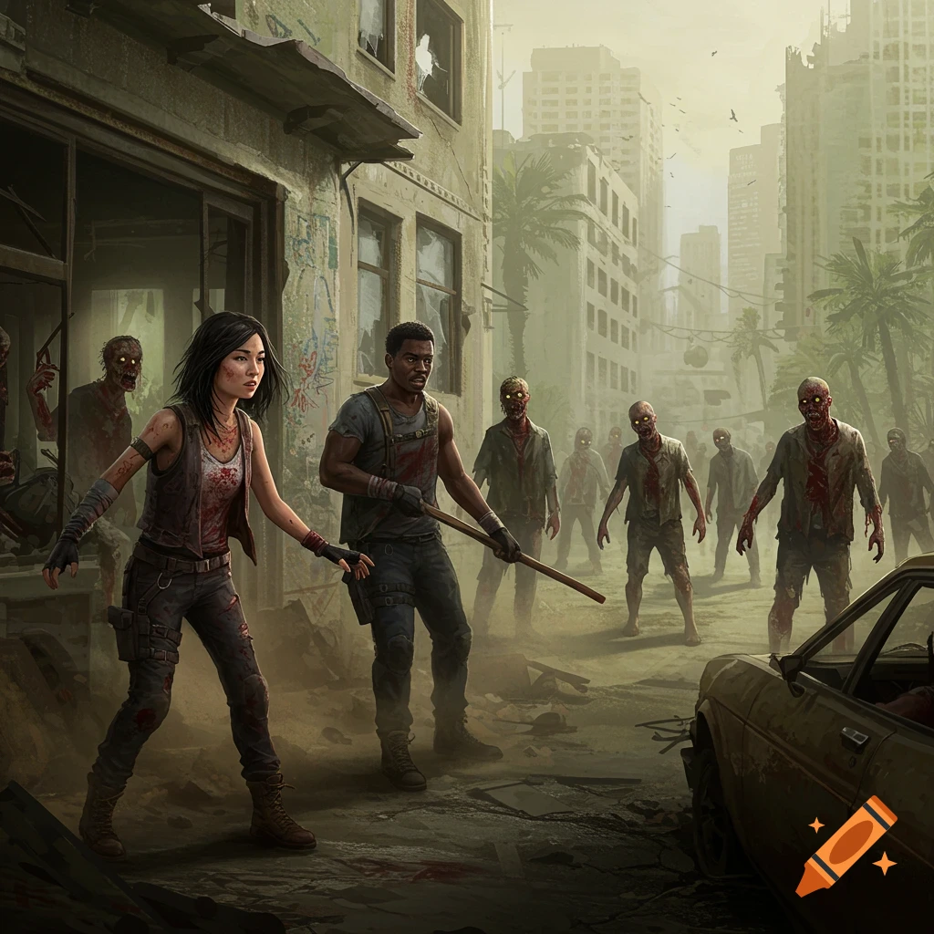 A man and woman fight off a horde of zombies in a ruined city street.