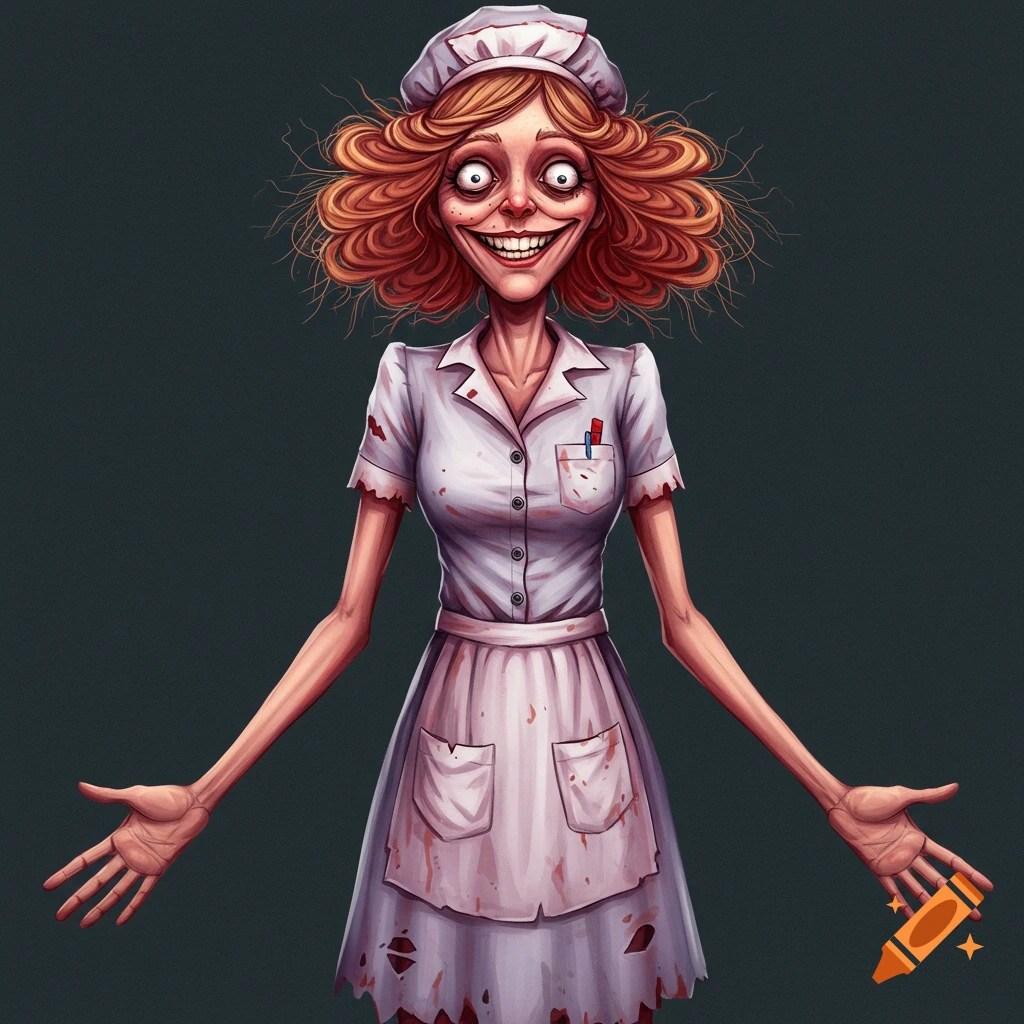 A creepy, skinny nurse with messy hair, blood stains, and a wide smile.