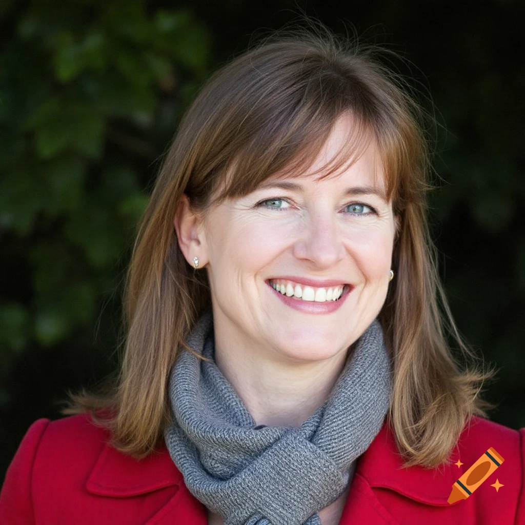 Portrait of a woman with brown hair wearing a red jacket and grey scarf, smiling against a green background.