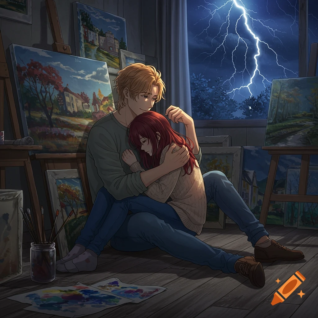 Anime couple hugs in an art studio while a lightning storm rages outside the window.