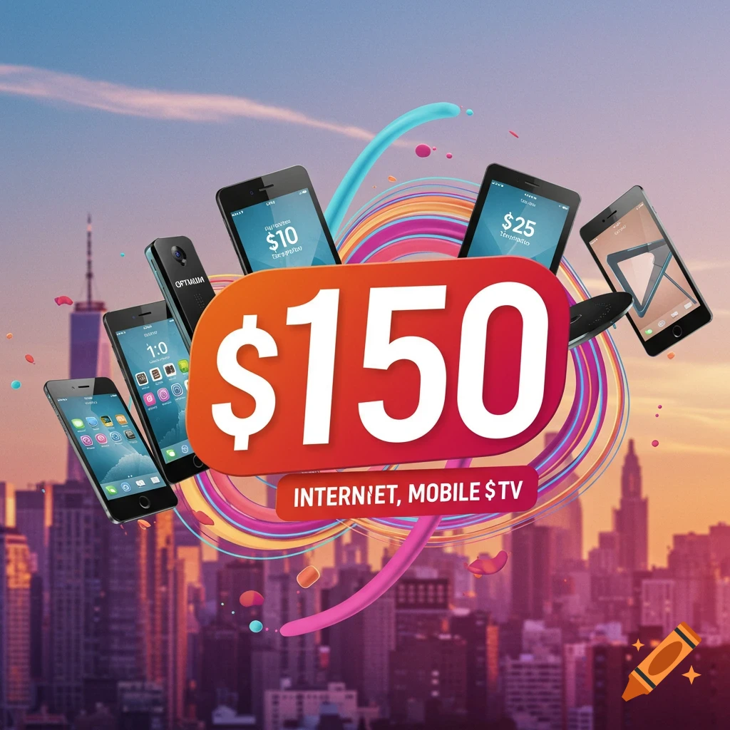 A digital graphic shows smartphones around a large orange shape with $150 and text 'INTERNET, MOBILE &TV' over a city background.