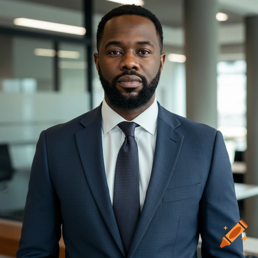 Portrait of a Black man in a suit in an office.