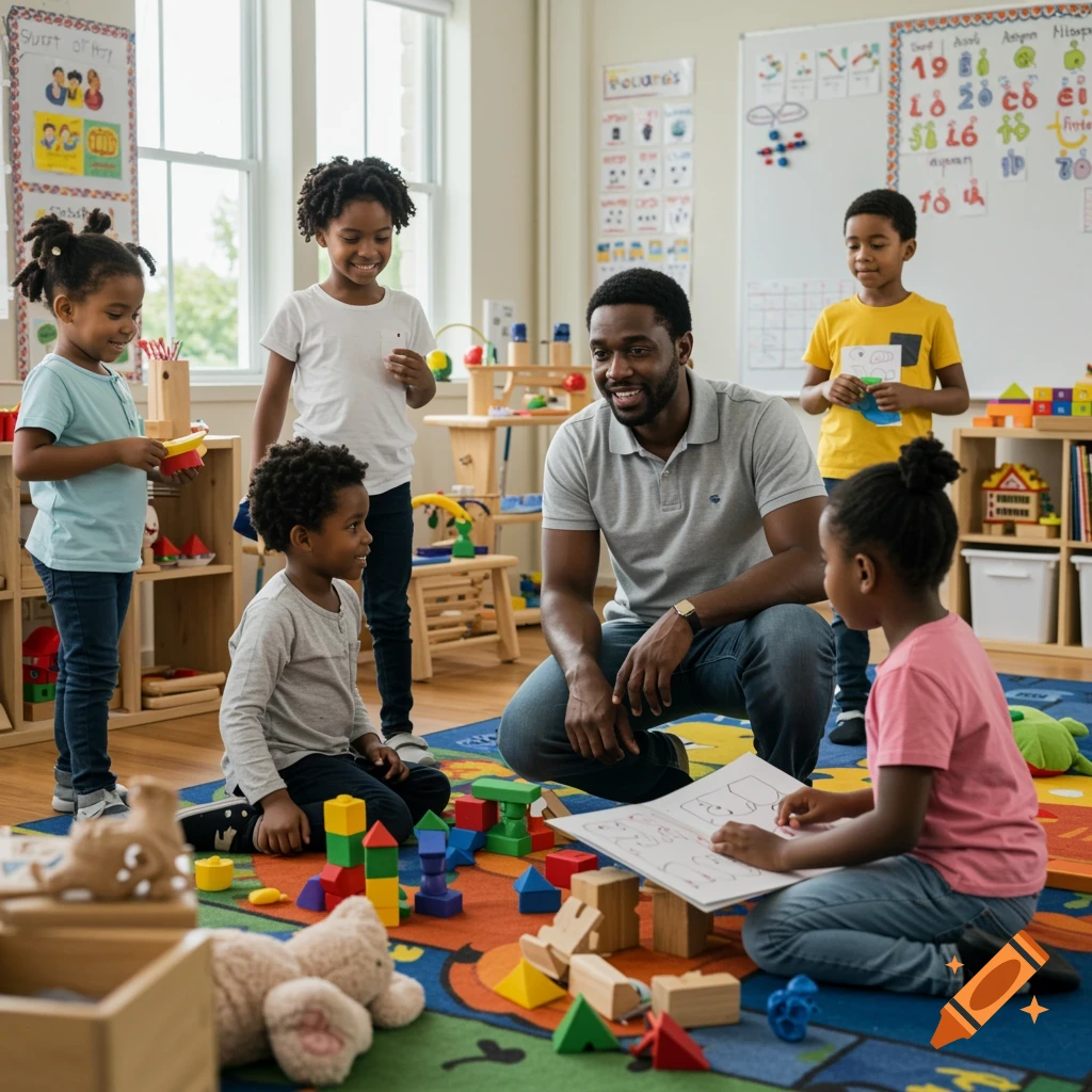 Photorealistic image of a Black teacher interacting with Black children playing with blocks and reading in a bright classroom.