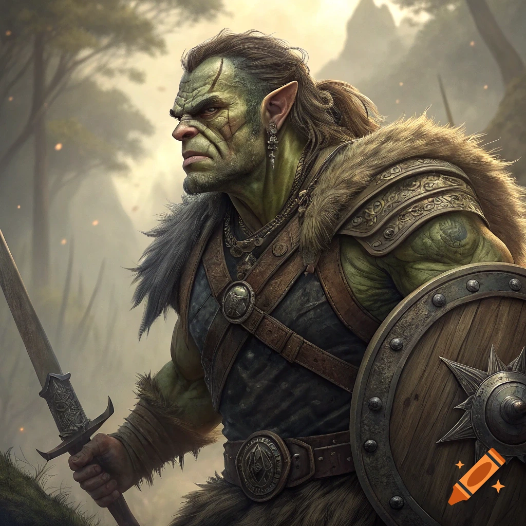 Orc warrior with sword and shield in forest