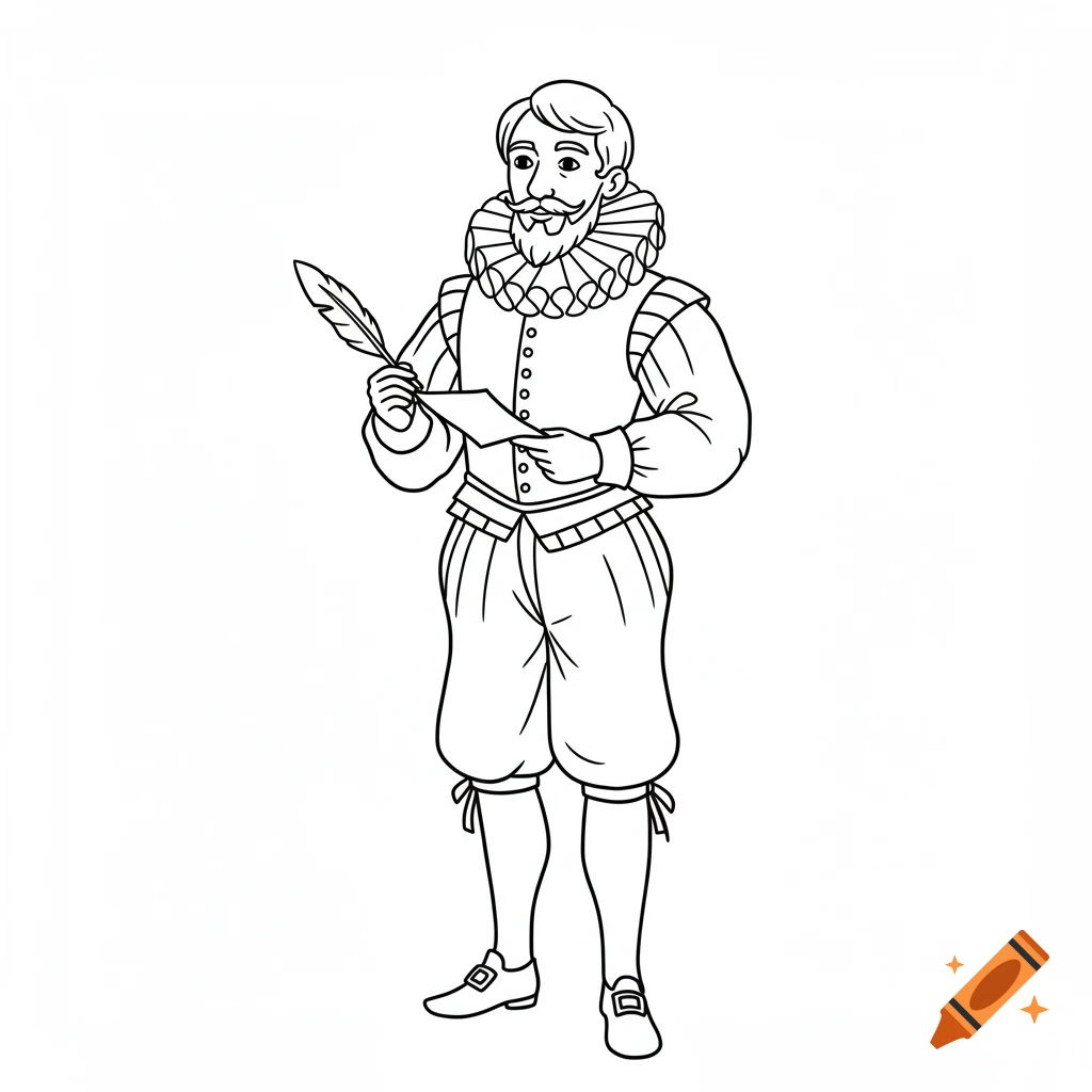 Black and white line drawing of an Elizabethan man holding a quill and paper.