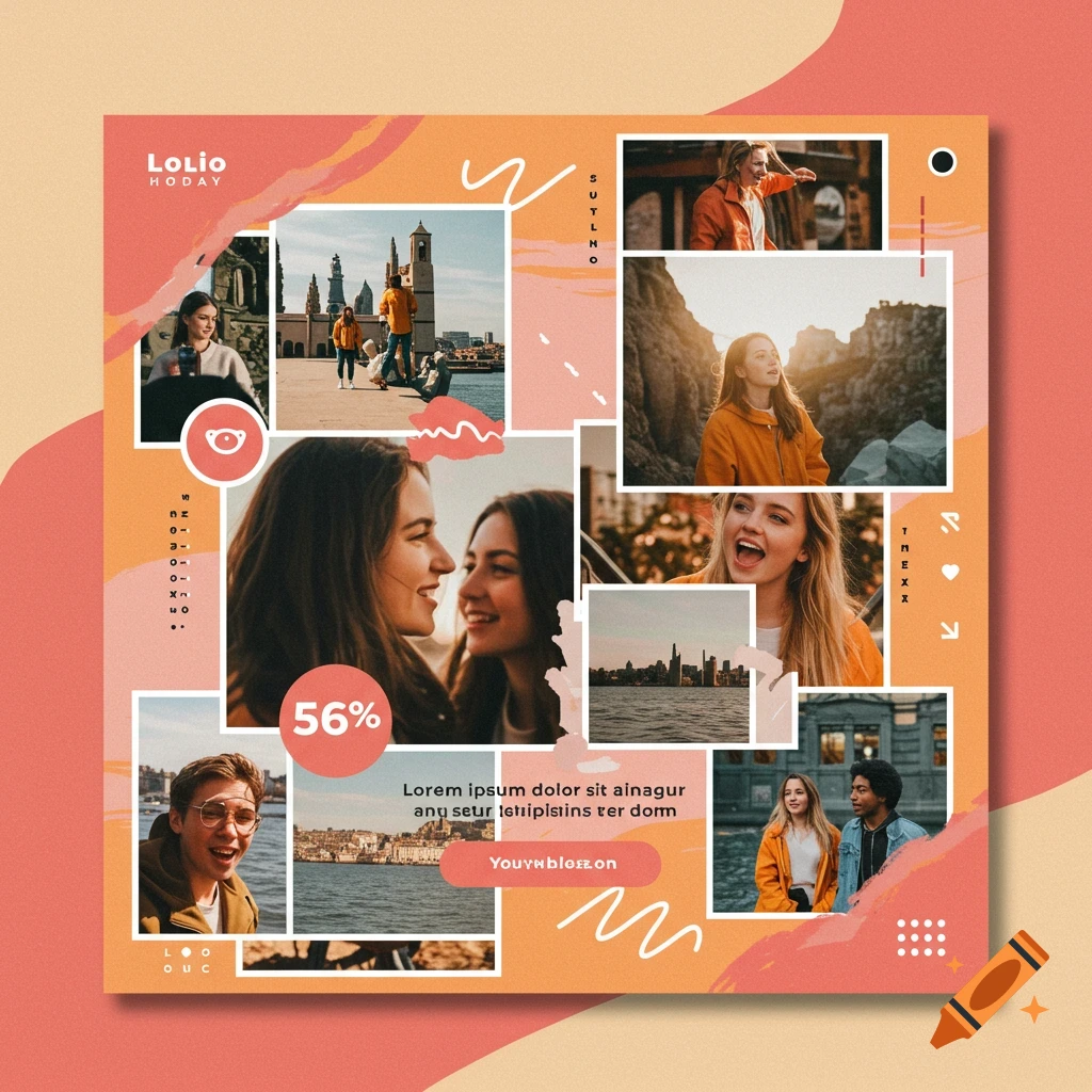 A social media graphic collage featuring photos of people and cityscapes with abstract shapes and text.