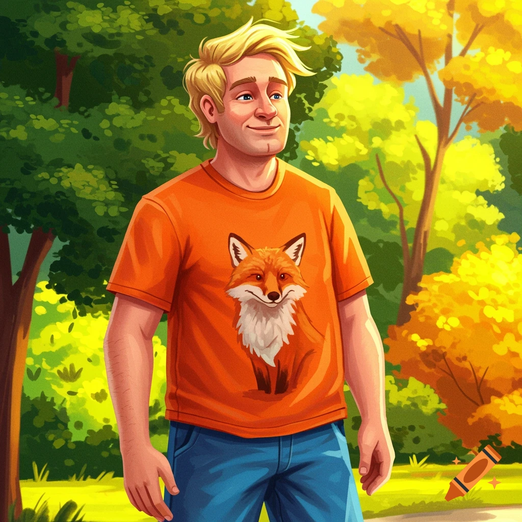 A cartoon-style image of a blonde man in an orange t-shirt with a fox illustration, standing in a sunny park.
