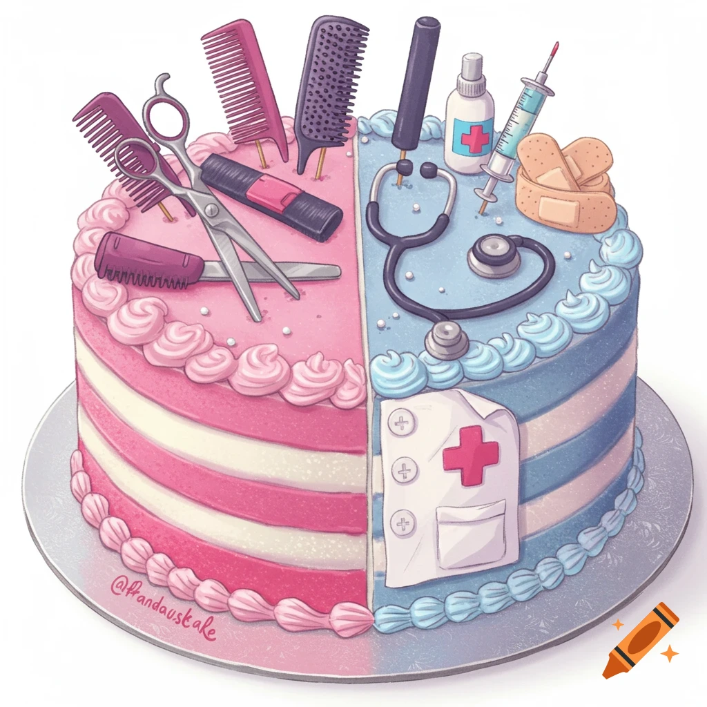 A cake split down the middle, one side decorated with hairstylist tools and the other with nurse tools.