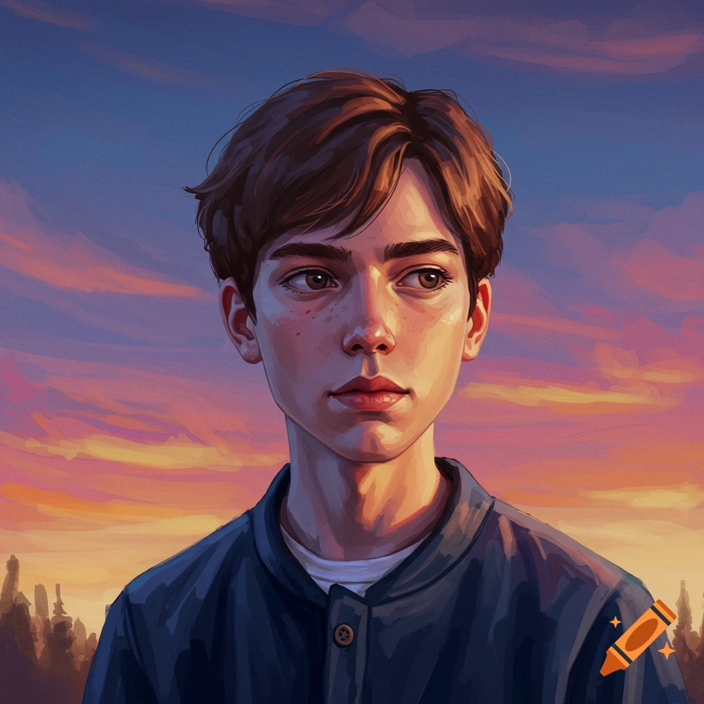 Portrait of a young person against a sunset sky.
