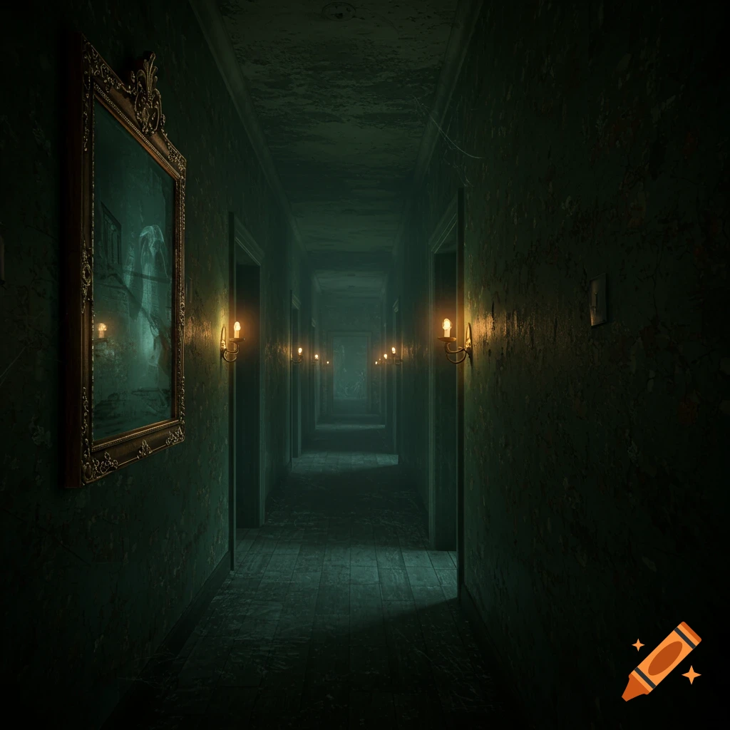 A dark, decaying hallway in a haunted house with an ornate mirror and lit candles.