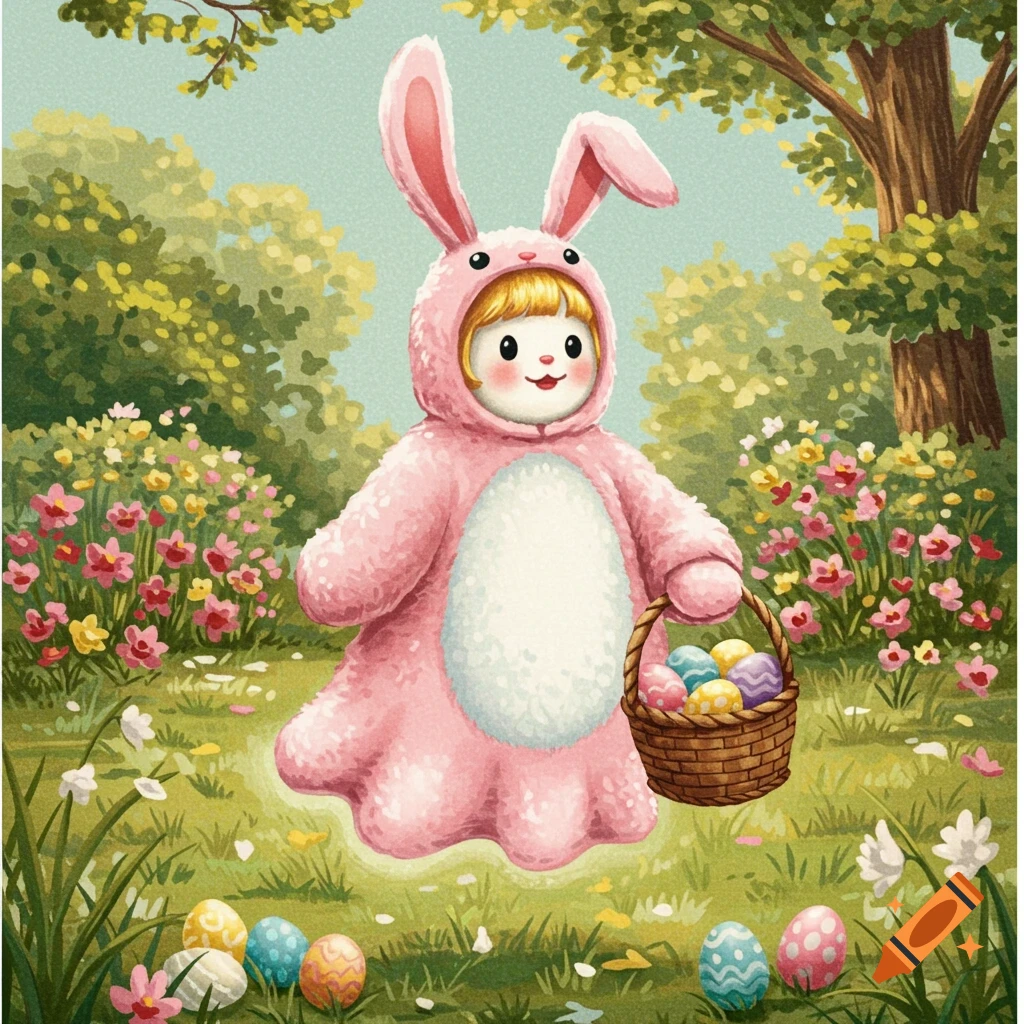A child in a pink bunny costume holding an Easter basket in a field of flowers and Easter eggs.